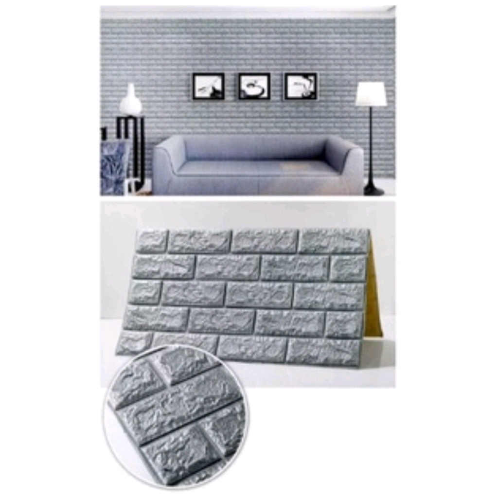 Xốp dán tường 3D giả gạch màu xám , miếng xốp sẵn keo tự bóc dán 70x77cm