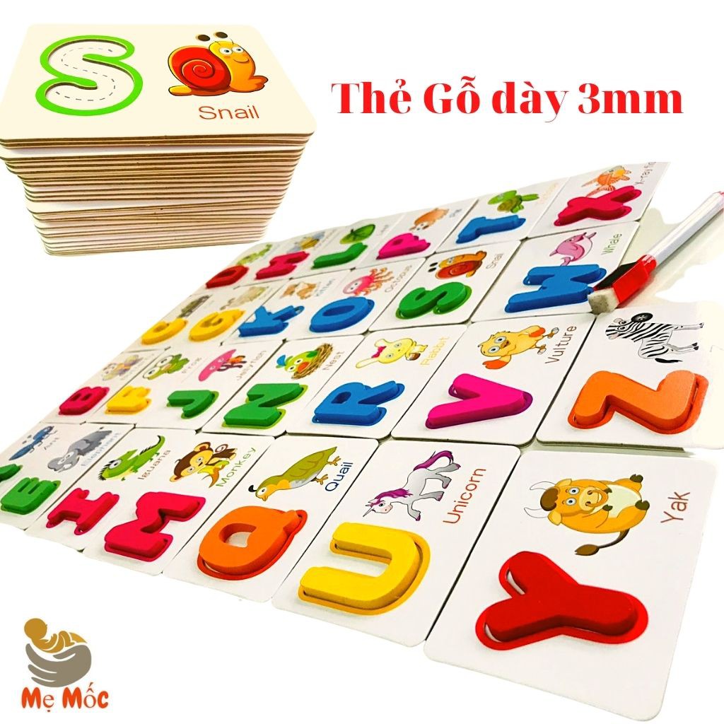 Thẻ Gỗ Ghép Chữ Cái Tiếng Anh-Đồ Chơi gỗ Xếp Hình Thông Minh-Flashcard Khắc Chữ Chìm Tặng 26 Chữ Cái Gỗ+Bút Thần Kỳ