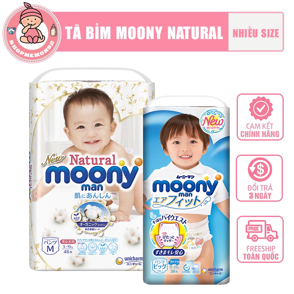 Bỉm Moony -Tã bỉm MOONY NATURAL Nội Địa Nhật dán/quần NB63/S58/M46/L36/XL32 cam kết chính hãng