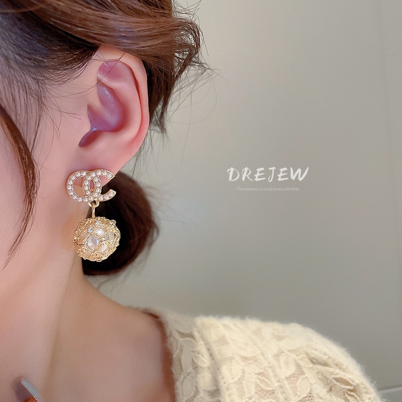 DREJEW Khuyên tai mạ bạc đính đá &amp; ngọc trai giả kiểu Pháp thời trang cao cấp cho nữ