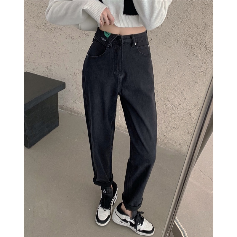 DUNEA Quần Denim Lưng Cao Ống Suông Cá Tính Thời Trang Cho Nữ