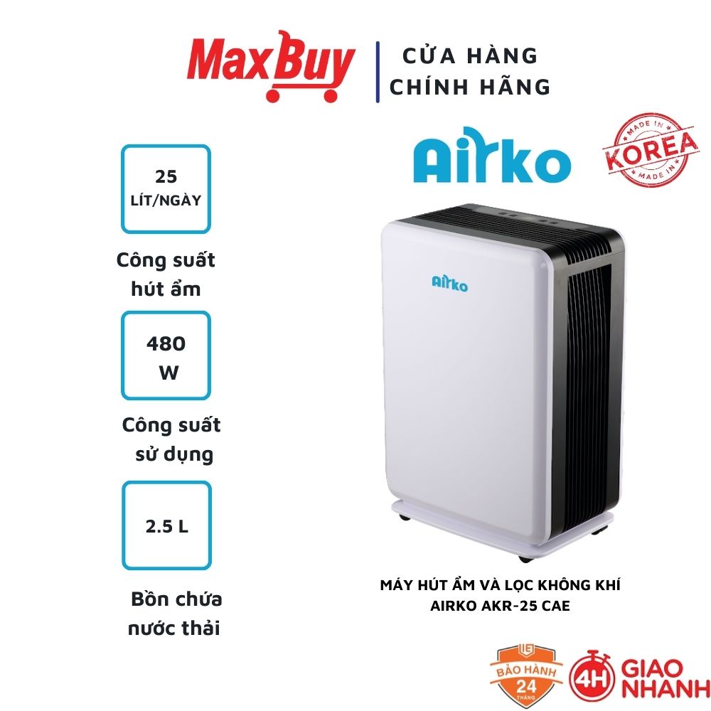 Máy hút ẩm lọc không khí Airko AKR-25CAE, diện tích dùng 40-50m2, công suất 15 lít/ngày bảo hành chính hãng 12 tháng