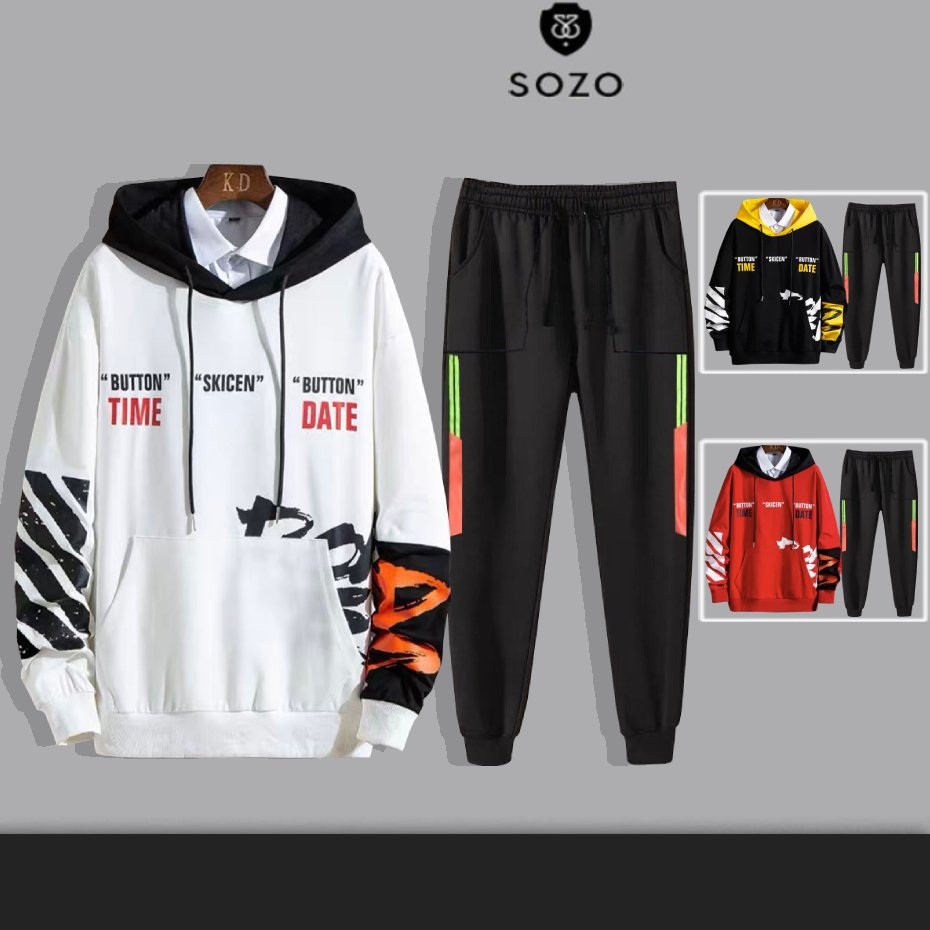 Set Bộ 2 Món Quần Dài + Áo Hoodie Nón Nam Nữ Unisex Chất Vải Nỉ CB2_WAH064NO_MQU075NODEF7 (Chữ Skicen + 2 Sọc Túi Vuông)