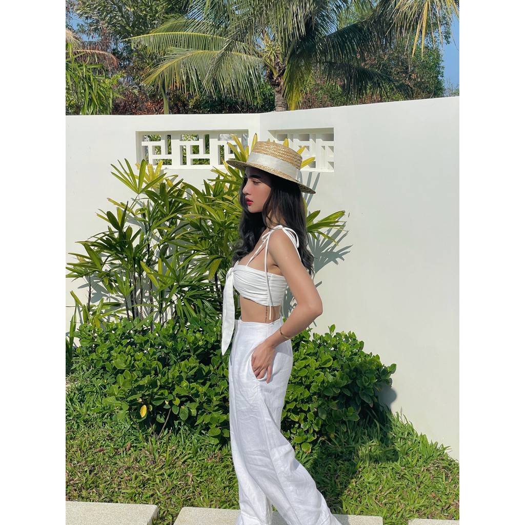 | LACY TOP - LACY TROUSER | áo hai dây thắt nơ và quần suông trắng
