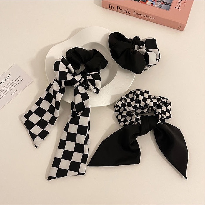 Dây Buộc Tóc Họa Tiết Sọc Caro Trắng Đen Đơn Giản Thời Trang Hàn Quốc