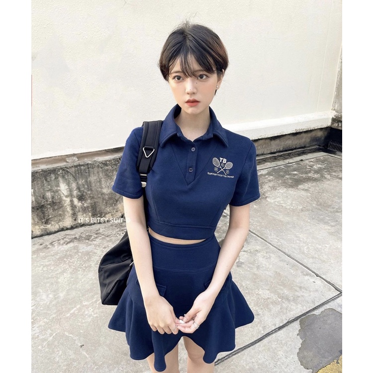 Bộ Áo Polo Chân Váy Tenis Nữ Xanh 🦋 Set Áo Polo Thêu Hình Cộc Tay Kèm Chân Váy Ngắn Xòe 🦋