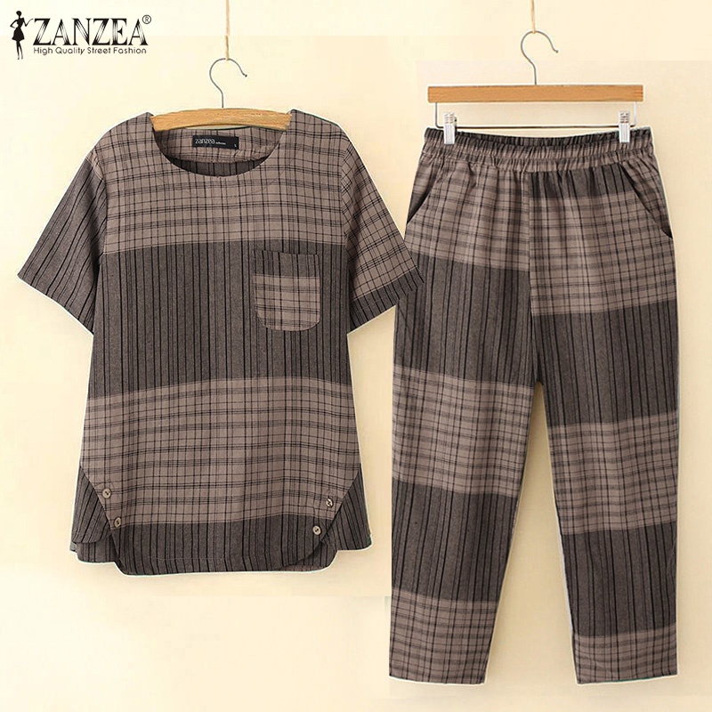 Set áo thun ngắn tay + quần dài ống rộng Zanzea thời trang nữ
