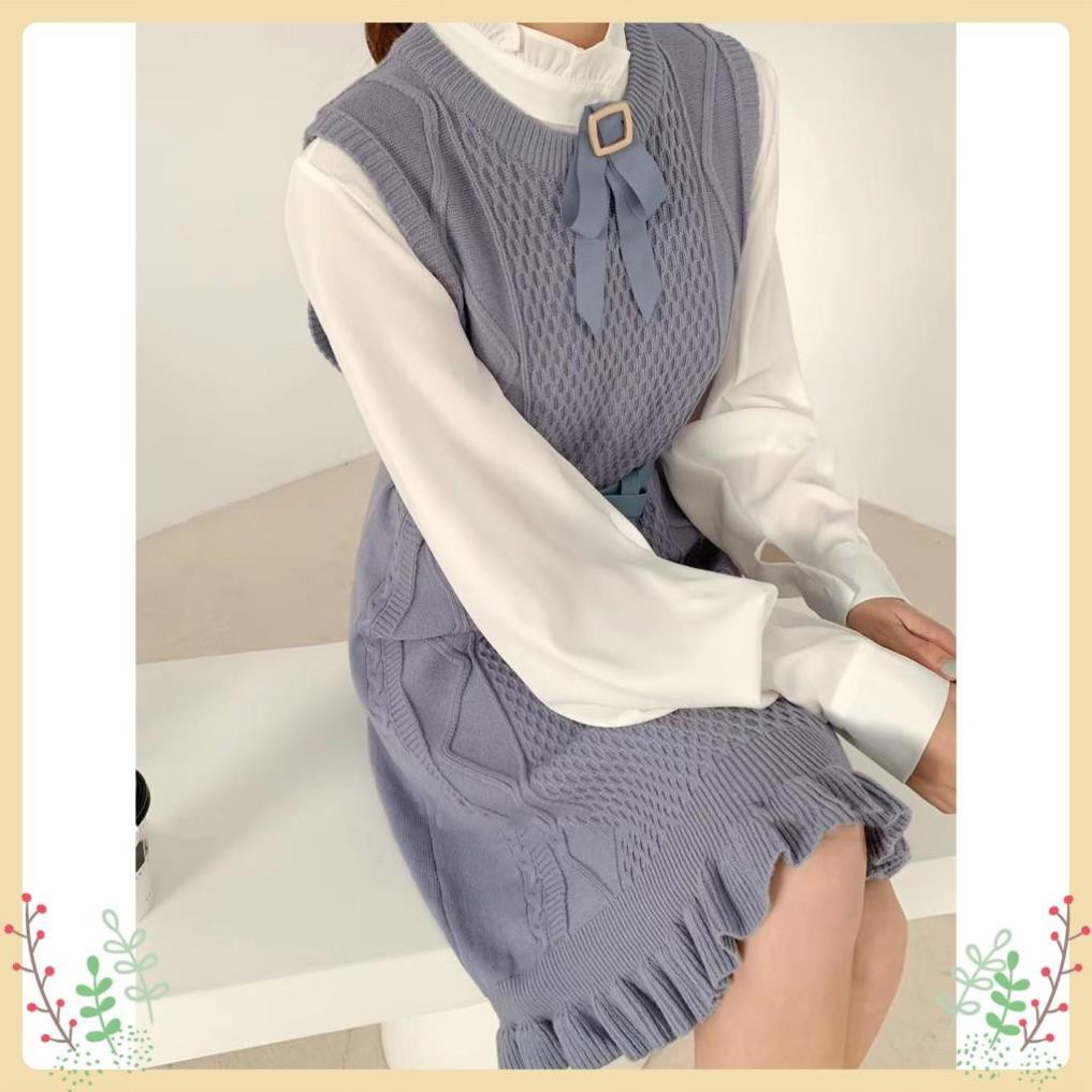 Đầm Len Lury, Set Váy Len Dáng Ôm Kết Hợp Sơ Mi Tặng Kèm Đai, Nơ Cài Váy, Hàng Quảng Châu Cao Cấp Siêu Hot