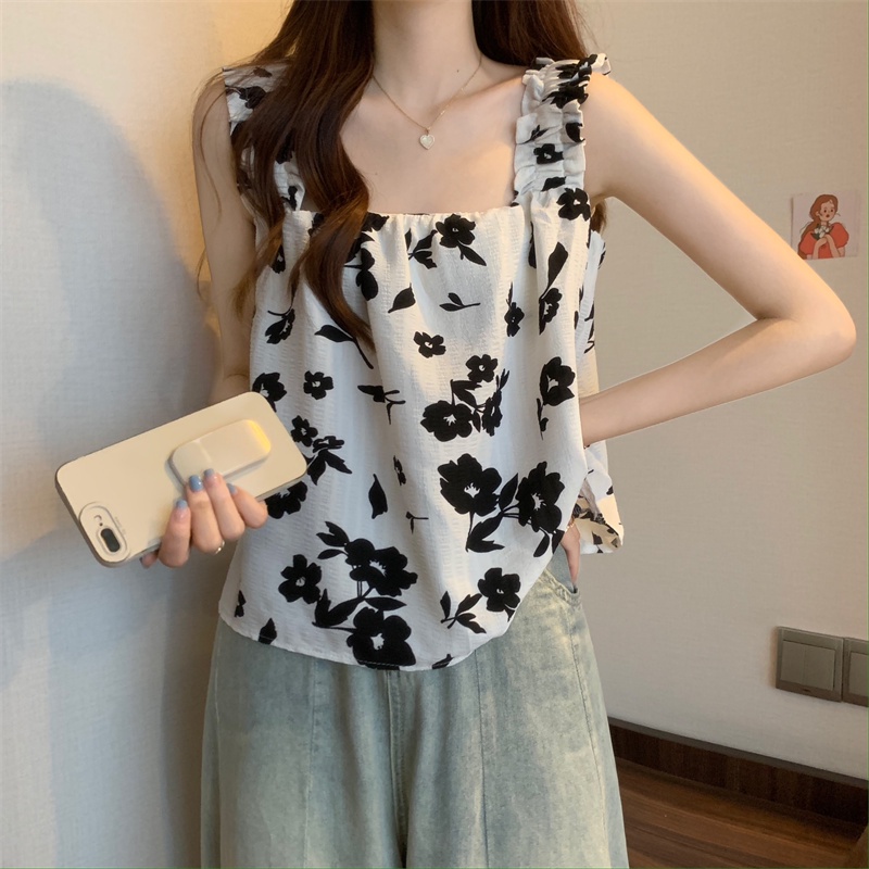 Áo không tay IELGY dáng rộng in hoa kiểu Pháp xinh xắn cho nữ