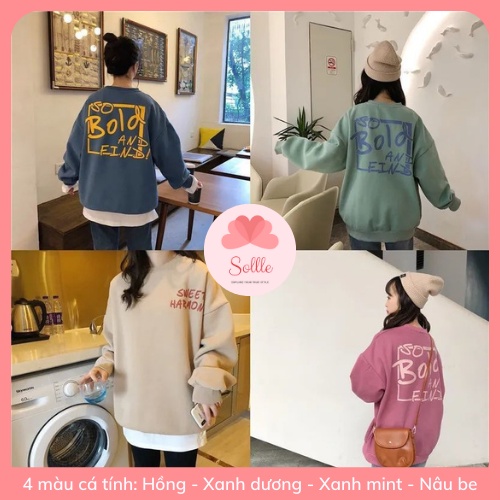 Áo sweater nỉ dáng rộng unisex thu đông dày dặn mềm mịn in chữ cá tính Hàn Quốc Sollle ASW01