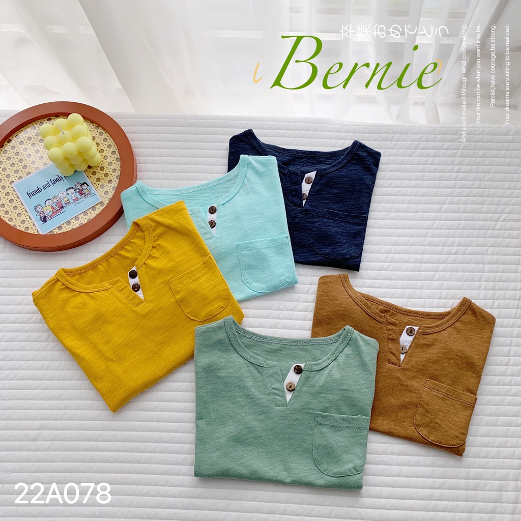 Aó phông cộc tay cổ xẻ V 2 cúc cotton xước mềm mát berner jinro ba by thời trang cho bé