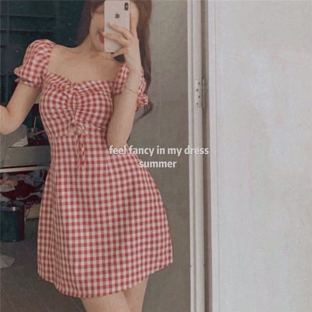 Váy kẻ caro đỏ nhún ngực ulzzang / Đầm đỏ caro