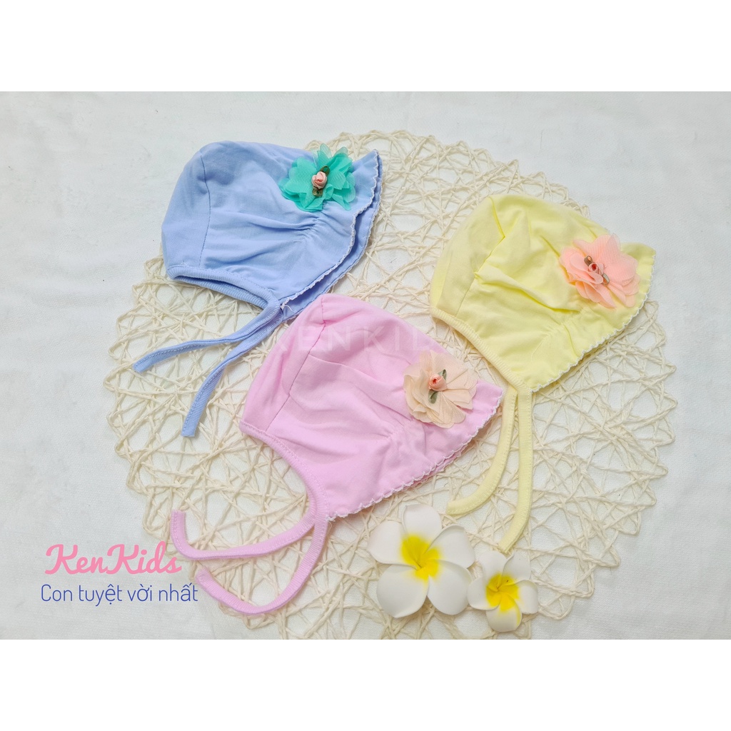 SET 3 Nón mũ bèo sơ sinh đính hoa 100% cotton mềm có dây buộc cho bé gái