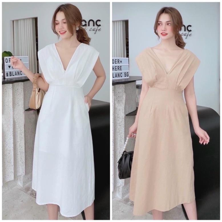 X2 Đầm kem cánh dơi dáng suông dự tiệc cổ v sát nách (kèm hình thật) tasa