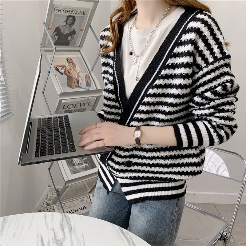SUXI Áo Khoác Cardigan Dệt Kim Dáng Rộng Hoạ Tiết Kẻ Sọc Phong Cách Retro Hàn Quốc