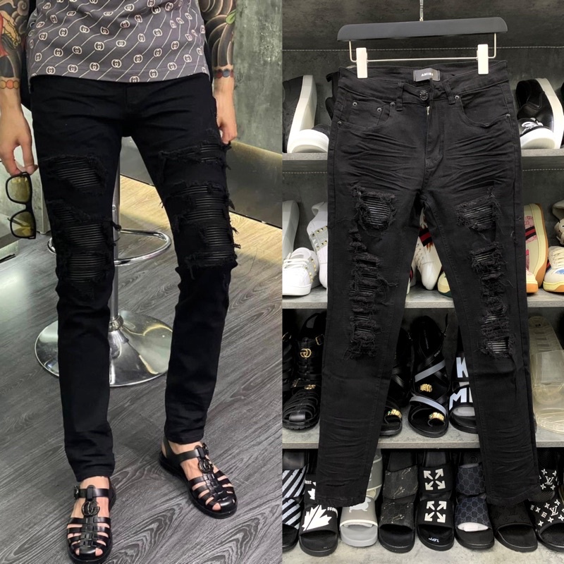 Quần jean bò nam slimfit Amiri phối rách xước xù vá da nhăn phong cách đường phố chất vải co giãn đẹp QJ121P