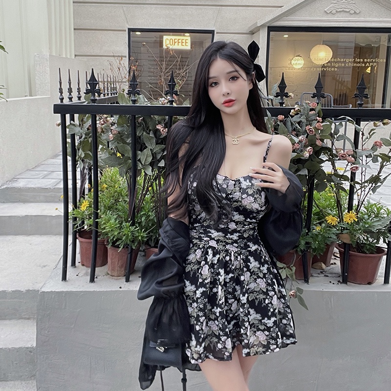 Set đầm hai dây họa tiết hoa và áo khoác cardigan PERTY chống nắng phong cách thời trang Hàn Quốc