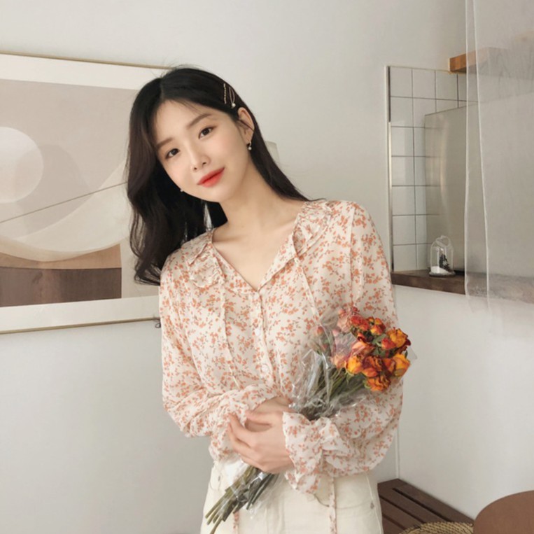 Áo voan hoa tay dài cột dây phong cách thời trang Hàn Quốc 27394