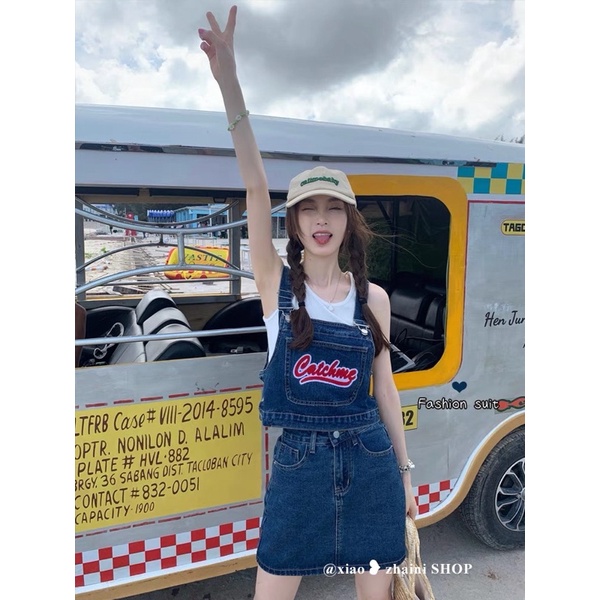Áo Yếm Jeans Chữ Đỏ Kèm Chân Váy A jean Quảng Châu (loại 1) Váy Denim 2022