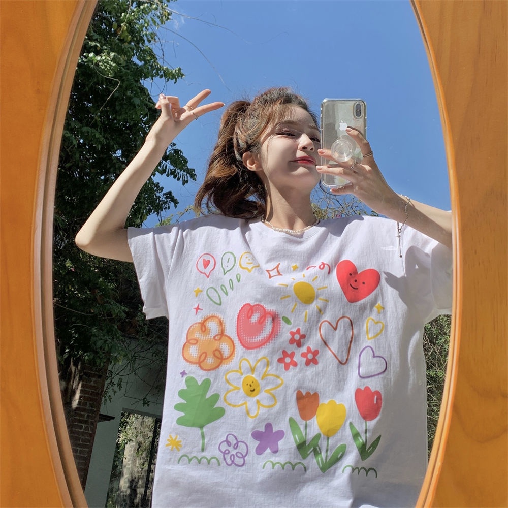 Áo Thun Cổ Tròn Dáng Rộng In Hình Hoa Lá Mùa Hè Phong Cách Hàn Quốc Mới Cho Nữ
