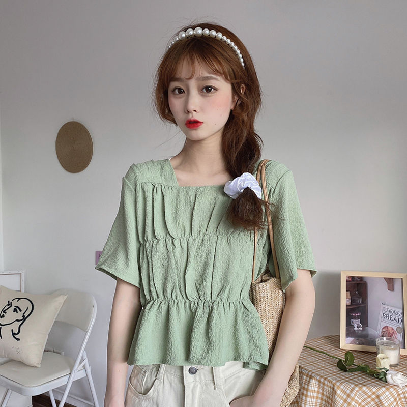 Áo Voan Ngắn Tay Cổ Vuông Xinh Xắn Theo Phong Cách Hàn Quốc 2021 Dành Cho Nữ