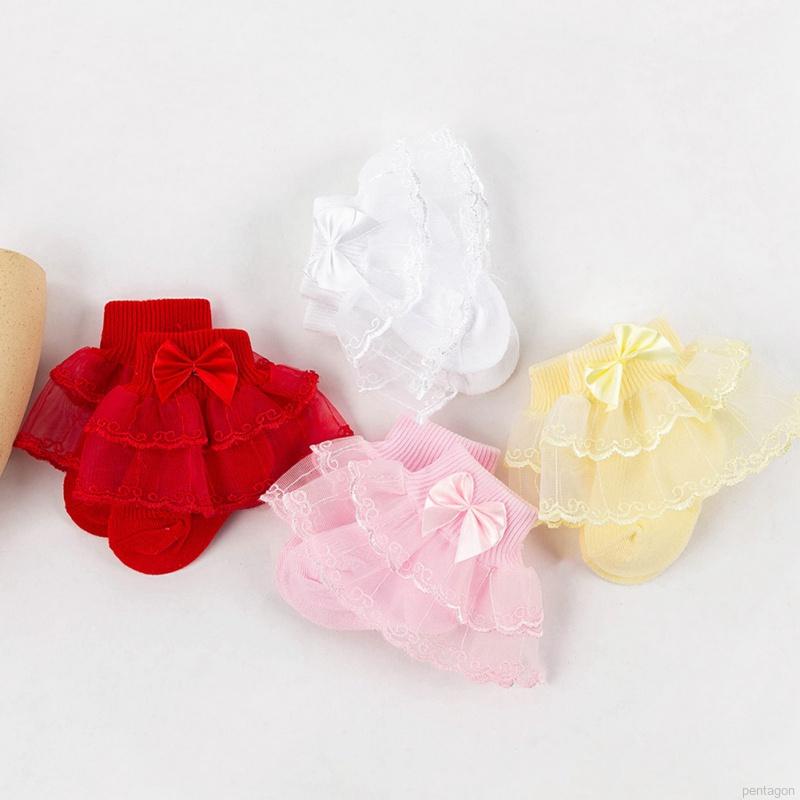 Tất cotton phối ren hoa đính nơ cho bé gái sơ sinh từ 0-1 tuổi