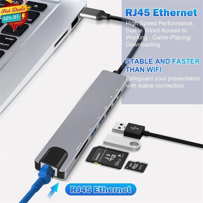 8 In 1 Usb C Hub Type C 3.1 To 4k Hdmi-compatible Adapter With Rj45 Sd/tf