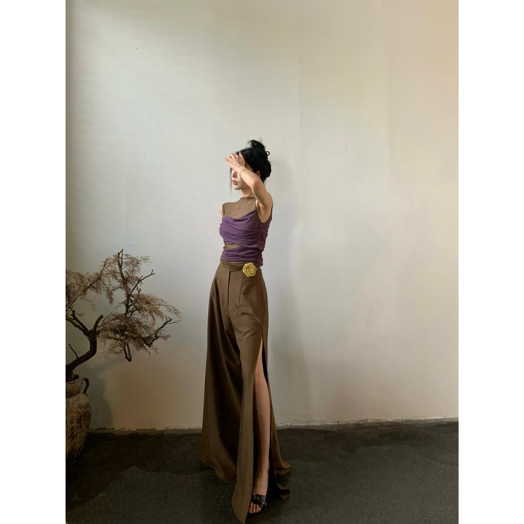 Bộ Áo Lưới Chắp Vá Với Quần Dài Dáng Rộng Xẻ Tà Và Giảm Béo (Đặt Hàng Riêng Lẻ)