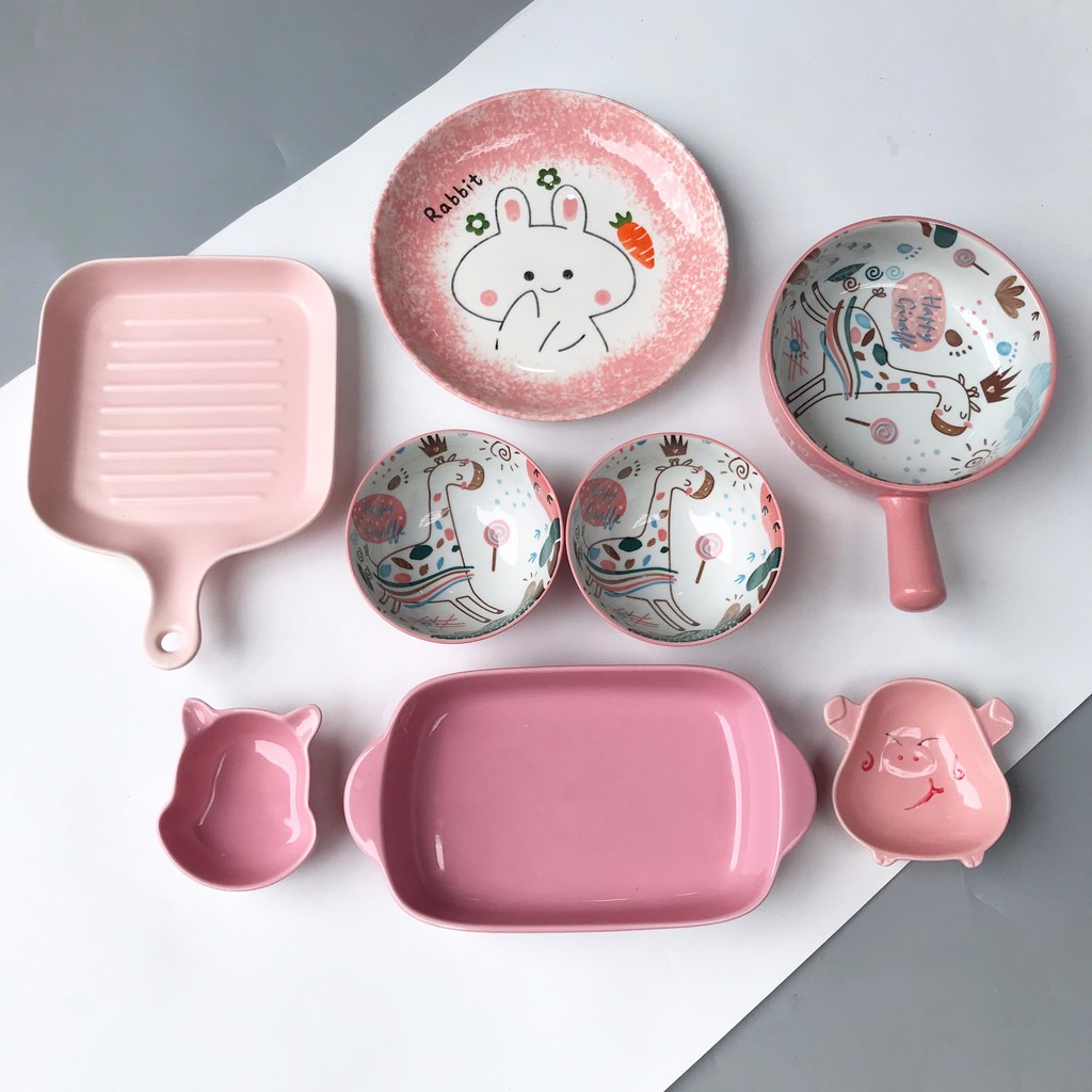 Set Bát Đĩa Hồng 8 món Cute, Set Bát Đĩa Decor Dễ Thương (HomeMyStore)