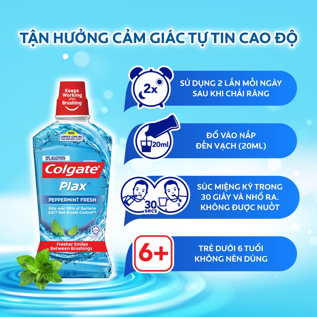 Combo 4 Nước súc miệng Colgate diệt 99% vi khuẩn Plax trà xanh & bạc hà 500ml