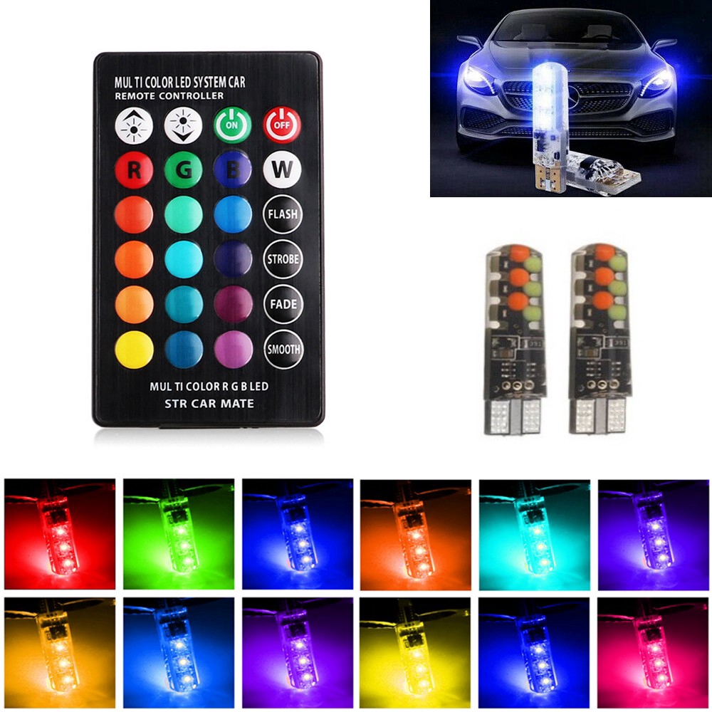 T10 6SMD 5050 RGB LED Car Lights Set LED Bulbs, RGB Flashing Cilicone Car Width Lamp With Remote Control 12V