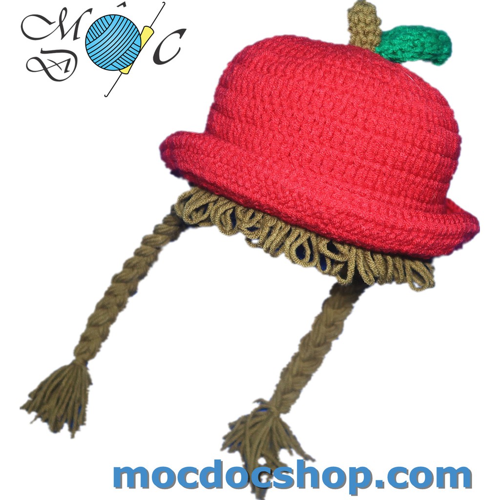 Mũ nón len handmade tóc giả có 2 bím cho bé gái hình trái táo