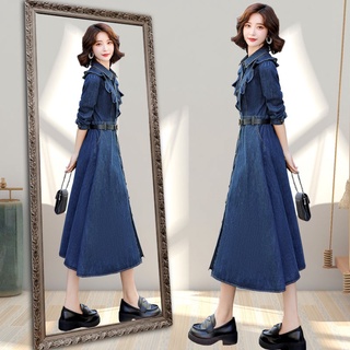 Đầm sơ mi denim dài vừa vặn tay dài phong cách hàn quốc thời trang mùa thu mới 2021