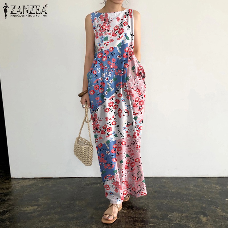 Đầm dài ZANZEA không tay cổ tròn in họa tiết hoa retro cho nữ