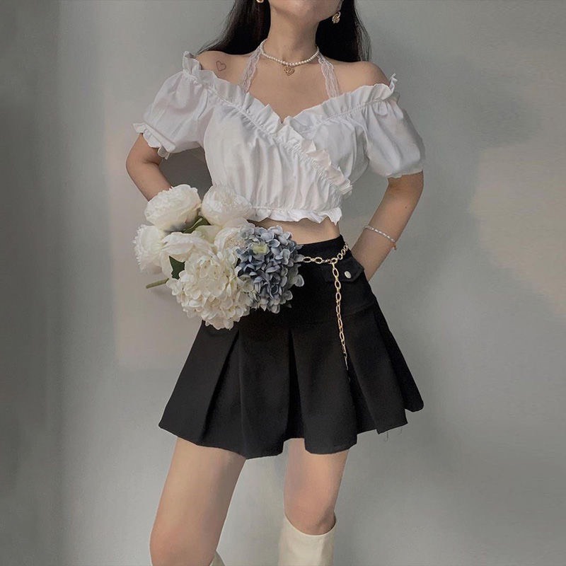 Áo croptop trễ vai cộc tay bánh bèo ren cổ 2 màu dễ phối đồ/ Áo kiểu nữ tay bồng dáng ngắn trẻ trung cá tính_veestore