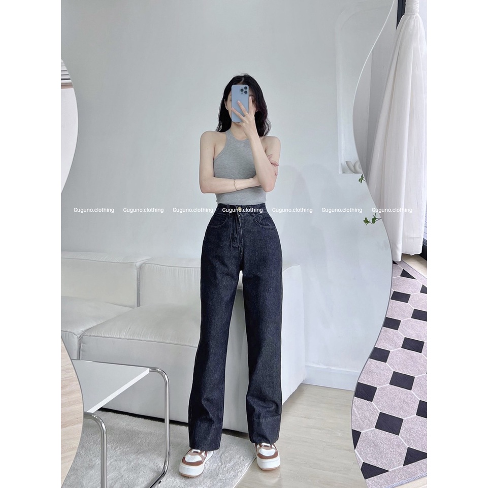 Quần jeans nữ denim ống rộng suông lưng cạp cao form rộng chất đẹp Emilyshop