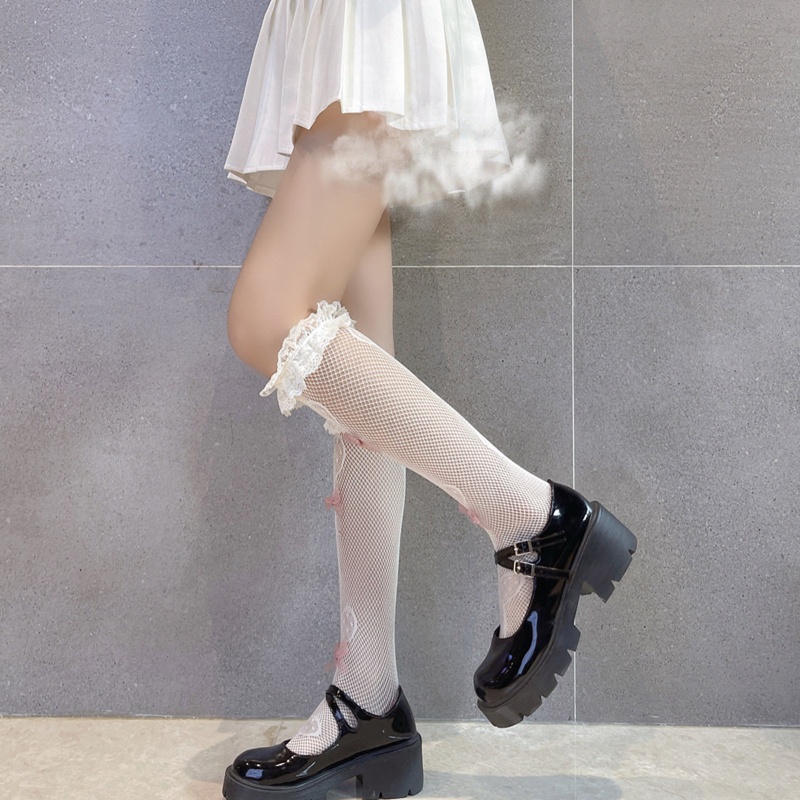 Xiangbao Tất Lưới Dài Qua Gối Phối Ren Hình Kẹo Mút Trái Tim Dễ Thương Phong Cách Preppy Lolita Ngọt Ngào Cho Nữ