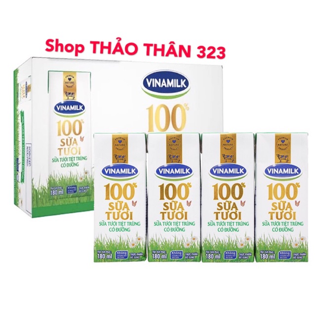 Sữa Tươi 100% Vinamilk Có Đường, Không Đường, Ít Đường Thùng 48 hộp x 180ml