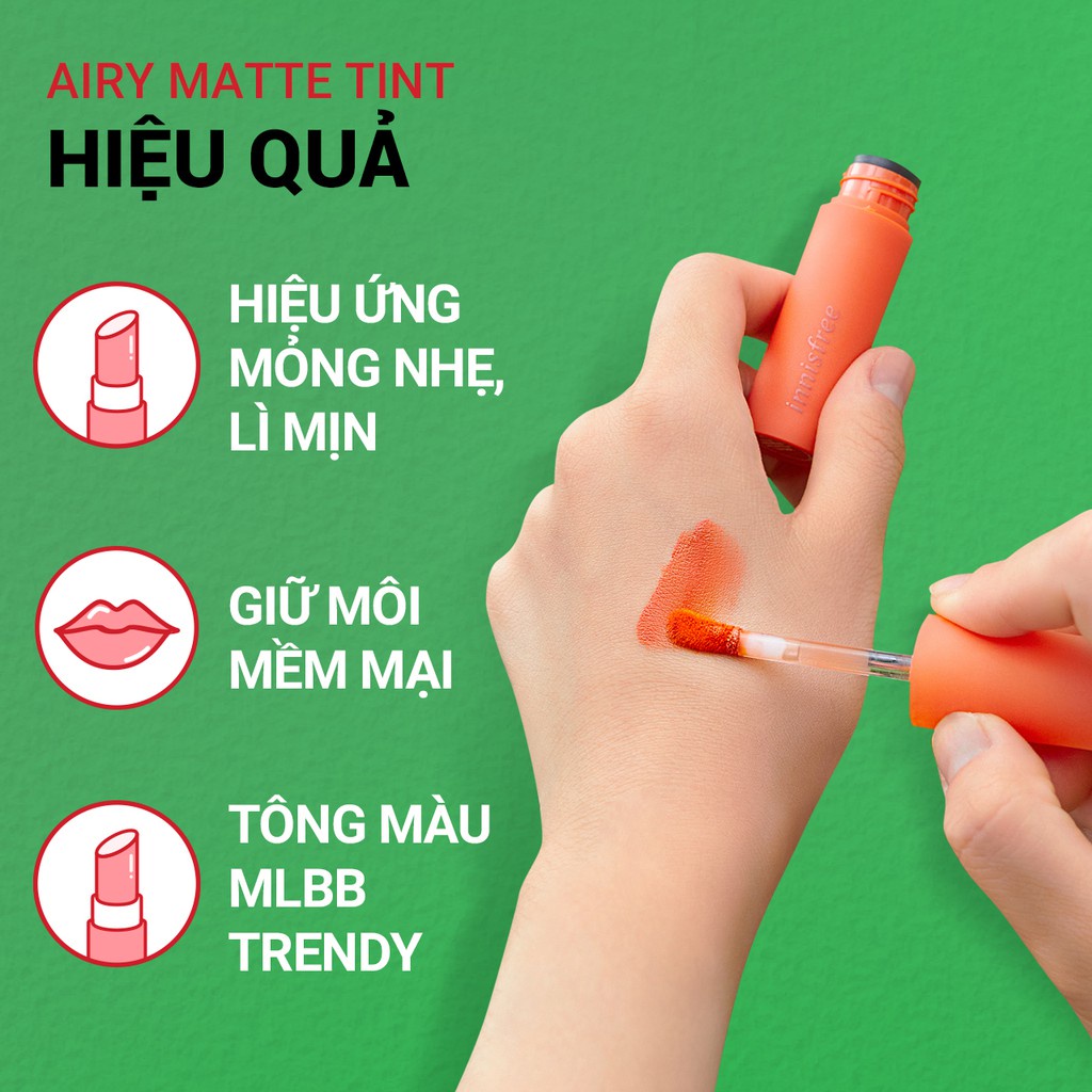 [Mã COSIF03 giảm 10% đơn 400K] Son tint dạng lì siêu nhẹ môi innisfree Airy Matte Tint 3.8g