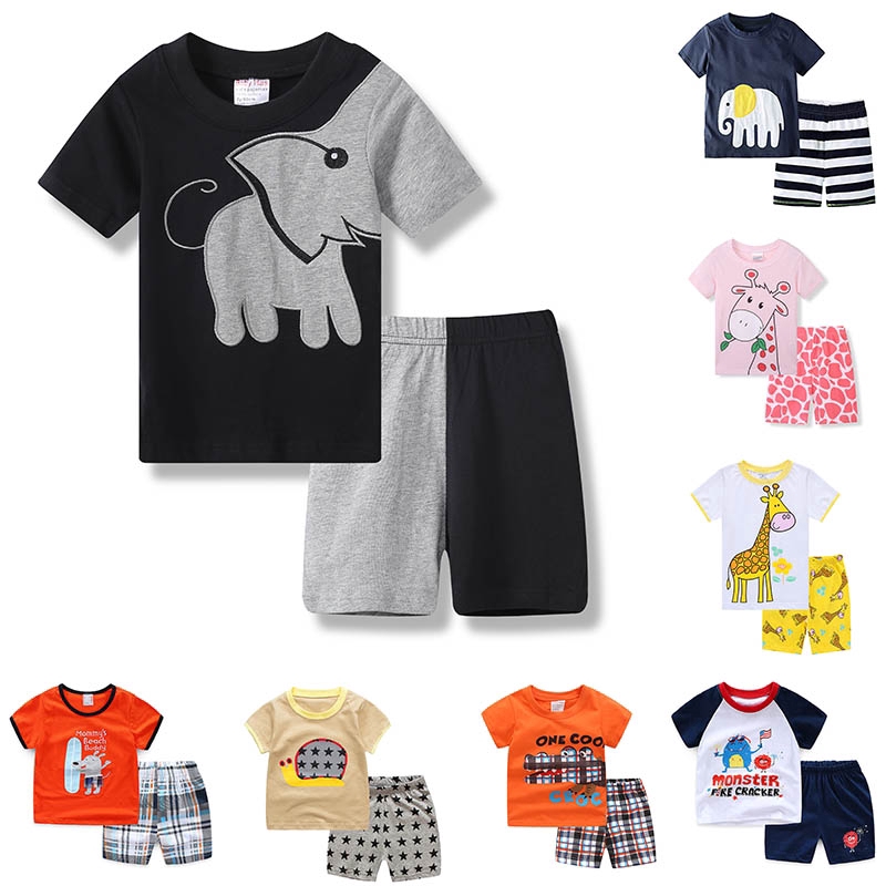 Set Đồ Bộ Ngắn Tay In Họa Tiết Con Voi Xinh Xắn Dành Cho Bé Gái