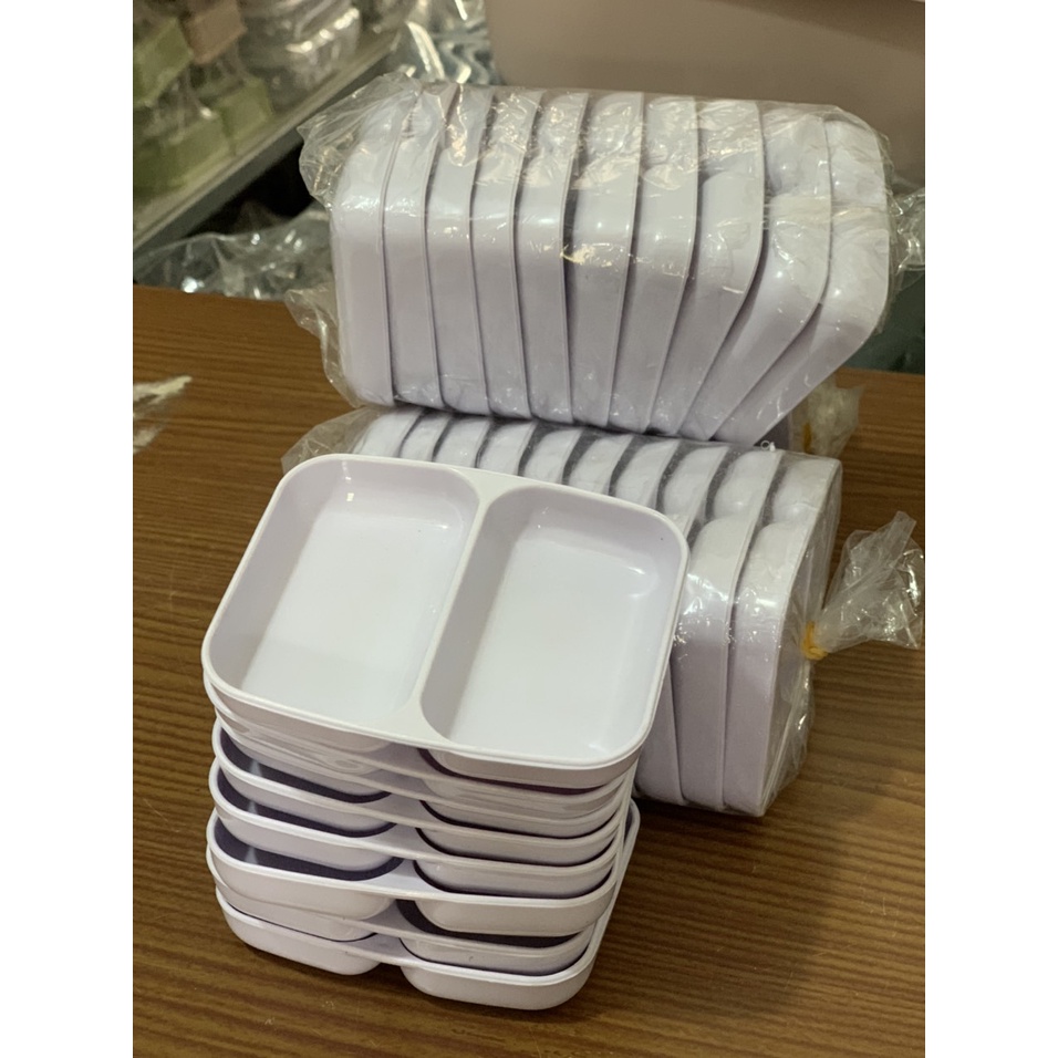 Đĩa chấm nhựa phíp 2 ngăn Việt Nhật 1205, đĩa chấm đựng nước tương nước sốt, Bát chấm nhựa