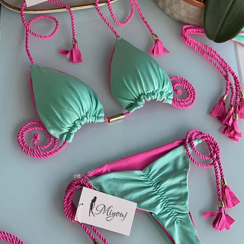 Bộ Đồ Bơi Bikini Hai Mảnh Tam Giác Màu Sắc Xanh Dương / Hồng Phối Tua Rua Gợi Cảm Cho Nữ