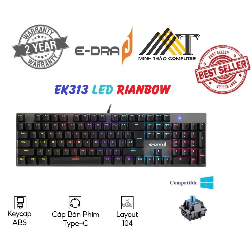 Bàn phím cơ Edra EK313 LED Rainbow  BẢO HÀNH 24 THÁNG CHÍNH HÃNG
