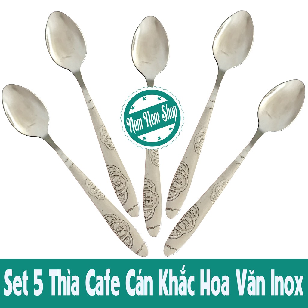 Bộ 5 muỗng cafe nhỏ cán khắc hoa văn chìm inox cao cấp