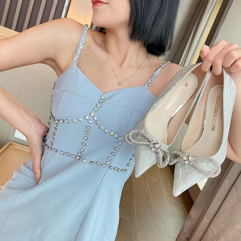 Cao gót nơ cườm đính đá tròn chất ánh nhũ 828-X- Kachi House