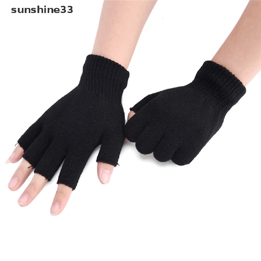 Găng tay len hở ngón màu đen co giãn giữ ấm mùa đông cho nam