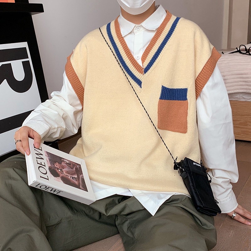 Áo khoác len không tay cổ chữ V màu sắc thời trang dành cho nam unisex áo len nam hàn quốc unisex áo len nam hàn quốc