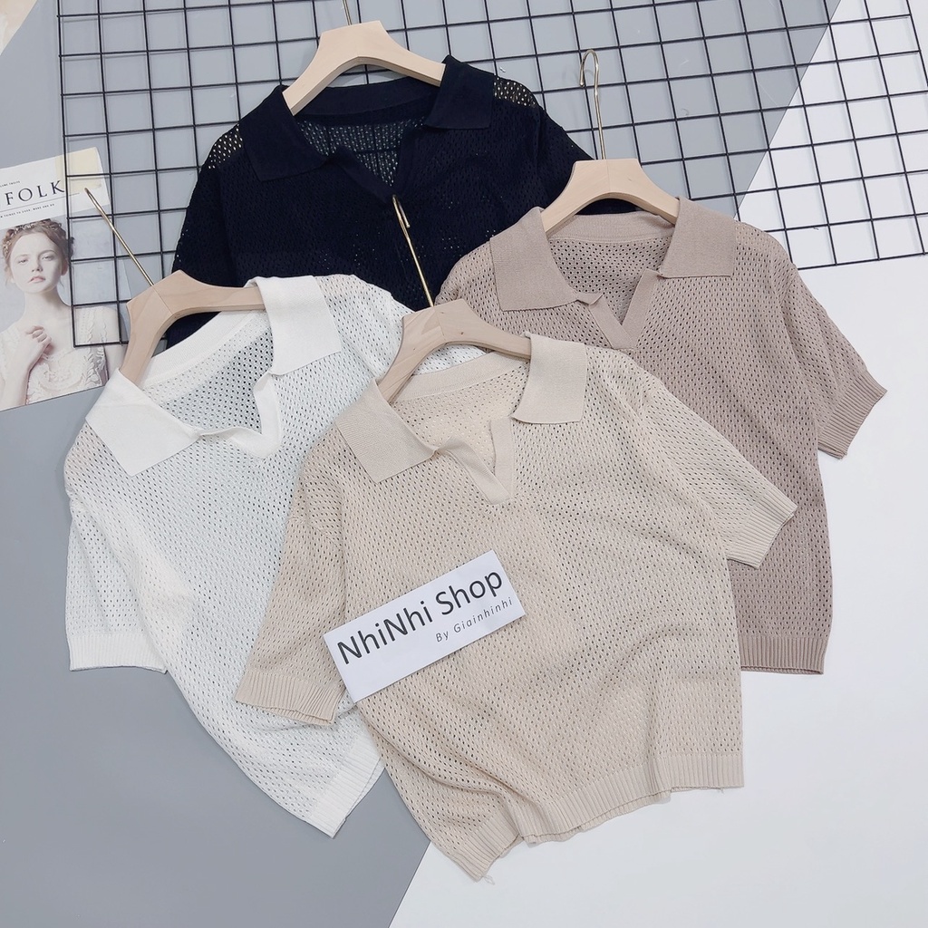 Áo polo len lỗ thưa màu trắng, Áo kiểu len cổ bẻ ngắn tay bo chun AL1379 - NhiNhi Shop