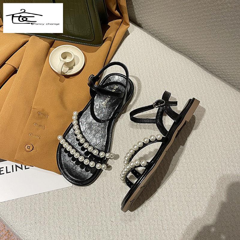 Giày Sandal Đế Bệt 2022 Đính Ngọc Trai Phong Cách La Mã Thời Trang Mùa Hè Hàng Mới Cho Nữ