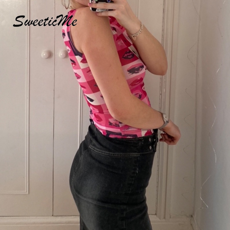 Sweeticme Áo Hai Dây Phối Lưới In Hình Đôi Môi Quyến Rũ Cho Nữ 2021 | BigBuy360 - bigbuy360.vn